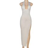 Women's Fashion Halter Neck Sexy Low Cut Backless Slim Fit Slit Dress