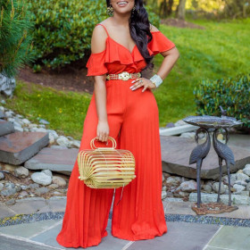 Fashion Sexy Sling Pleated Wide Leg Pants Ruffle Jumpsuit