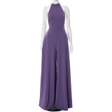 Sexy halter neck big open back high waist casual culottes wide leg pants