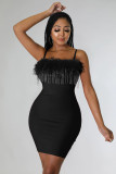Solid Color Zipper Sling Masonry Chain Feather Dress