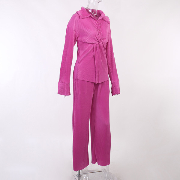 Waist kink suit Fashion autumn women's solid color loose shirt pleated casual two-piece set