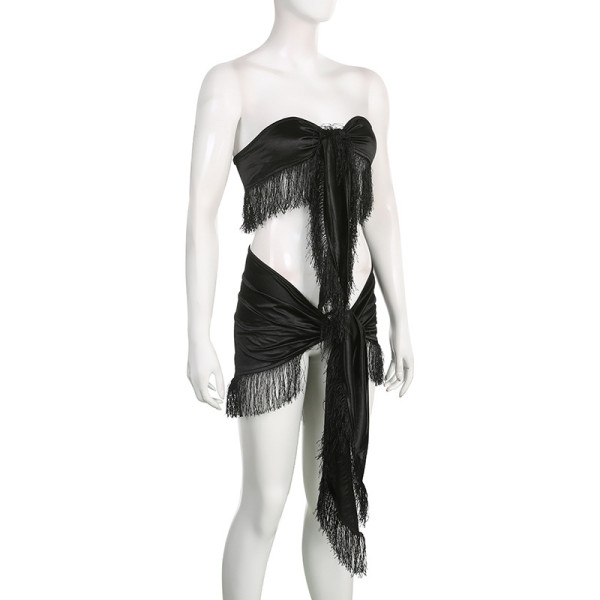 Solid color bandage fringed tube top vest bag hip skirt two-piece suit