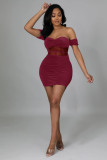 Sexy fashion nightclub wrap chest perspective mesh stitching pleated one-shoulder evening dress