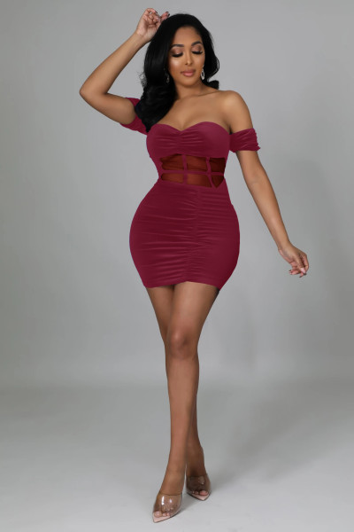 Sexy fashion nightclub wrap chest perspective mesh stitching pleated one-shoulder evening dress