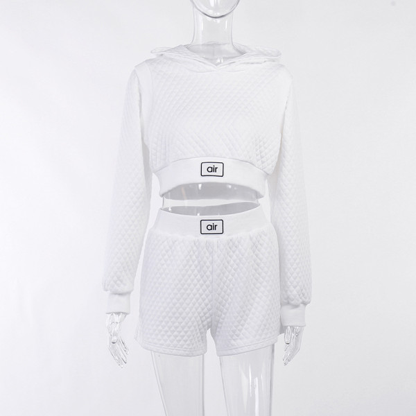 Autumn fashion casual sports texture checkered fake two-piece hooded sweater shorts suit