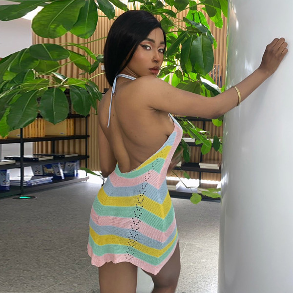 Colorful Stripes Colorblock Hollow V-Neck Tie Sweet and Spicy Slip Dress