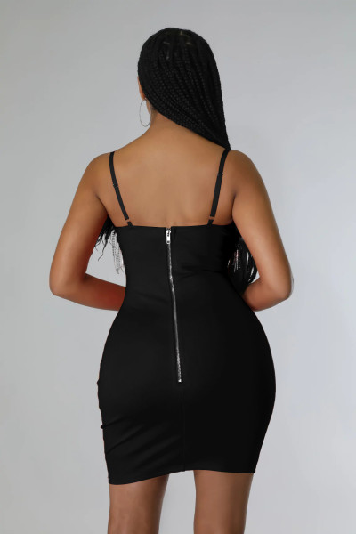 Solid Color Zipper Sling Masonry Chain Feather Dress