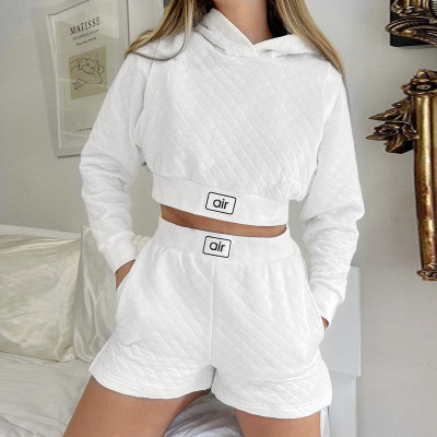 Autumn fashion casual sports texture checkered fake two-piece hooded sweater shorts suit