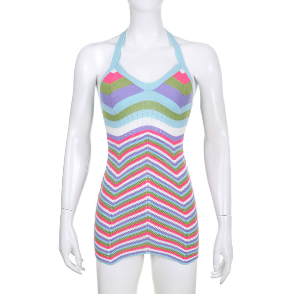 Colorful Striped Colorblock Wool Knit Halter Short Sexy Dress