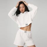 Autumn fashion casual sports texture checkered fake two-piece hooded sweater shorts suit