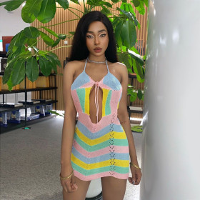Colorful Stripes Colorblock Hollow V-Neck Tie Sweet and Spicy Slip Dress