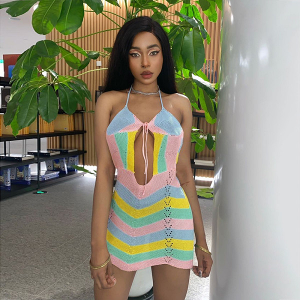 Colorful Stripes Colorblock Hollow V-Neck Tie Sweet and Spicy Slip Dress