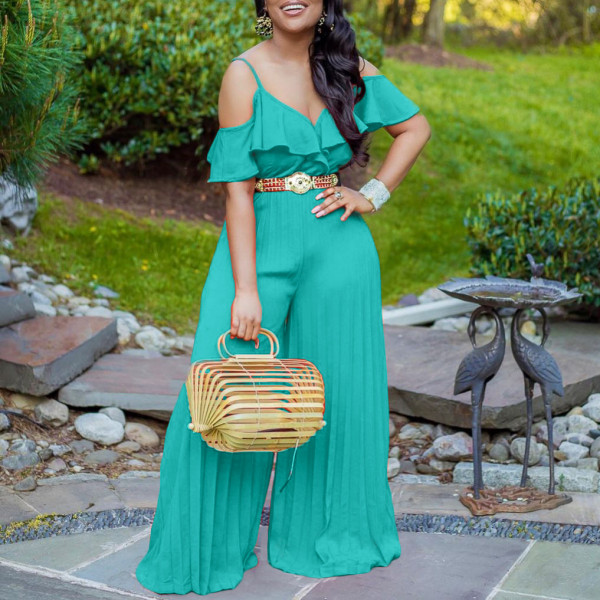 Fashion Sexy Sling Pleated Wide Leg Pants Ruffle Jumpsuit