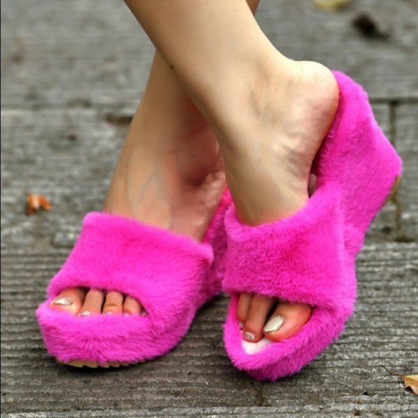 Plus Size Women's Shoes Casual Multicolor Short Plush Fish Mouth Wedge Heel Heightening Hair Slippers