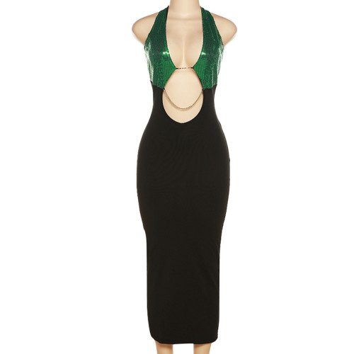 Sequin Halter Contrast Color Splicing Sexy Cutout Air Slim Fit Dress