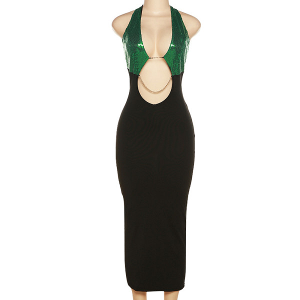 Sequin Halter Contrast Color Splicing Sexy Cutout Air Slim Fit Dress