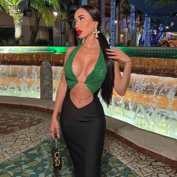 Sequin Halter Contrast Color Splicing Sexy Cutout Air Slim Fit Dress