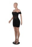 Sexy fashion nightclub wrap chest perspective mesh stitching pleated one-shoulder evening dress