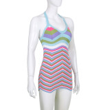Colorful Striped Colorblock Wool Knit Halter Short Sexy Dress