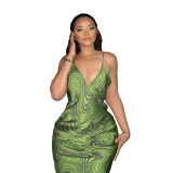 Women's Sling V-Neck Fashion Print Slim Fit Hip Dress