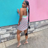 Colorful Striped Colorblock Wool Knit Halter Short Sexy Dress