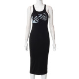sexy suspender palm print dress