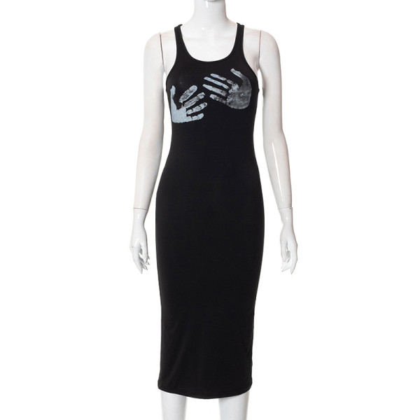 sexy suspender palm print dress