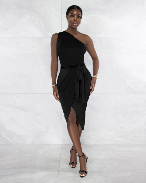 One Shoulder Sexy Irregular Hem Belted Dress