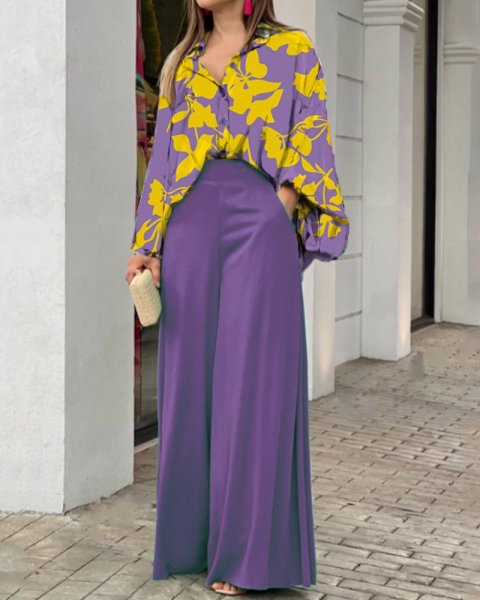 Loose plus size casual printed shirt top wide leg pants two-piece set