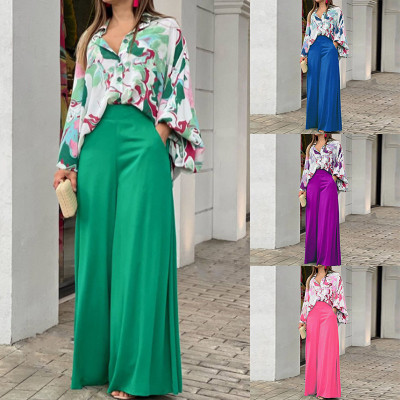 Loose plus size casual printed shirt top wide leg pants two-piece set