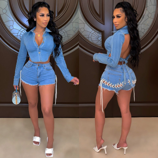 Stretch Denim Shorts Lace-Up Jeans