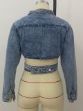 Back Waist Cutout Lapel Cropped Denim Jacket