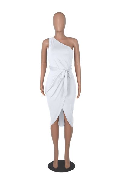 One Shoulder Sexy Irregular Hem Belted Dress