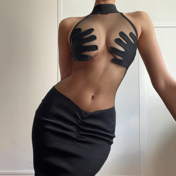 Sexy mesh see-through fishtail dress