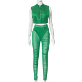 Sexy Cropped Navel Stand Collar Vest High Waist Casual Suit