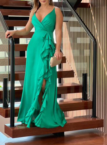 Sling V-Neck High Waist Ruffle Irregular Slit Dress