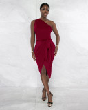 One Shoulder Sexy Irregular Hem Belted Dress
