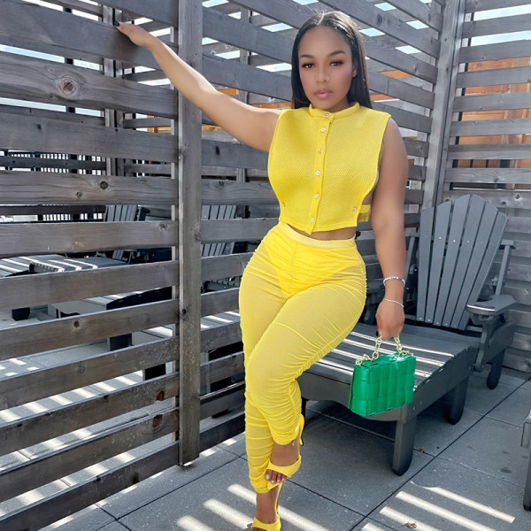 Sexy Cropped Navel Stand Collar Vest High Waist Casual Suit