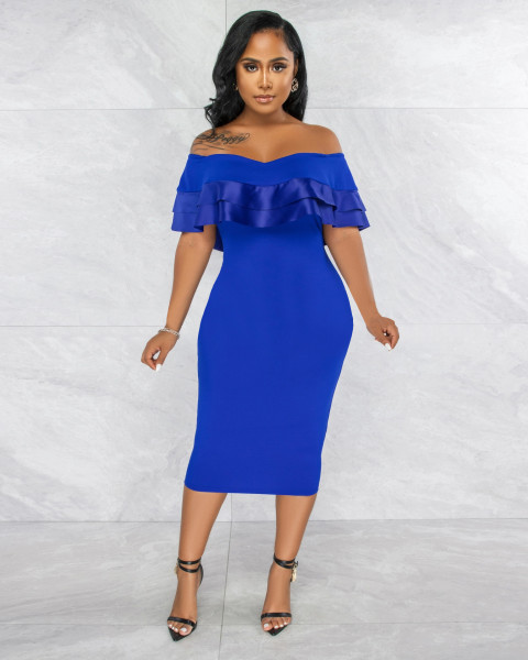 Sexy temperament one-shoulder ruffle dress