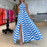 Striped Halter High Waist Slit Midi Dress