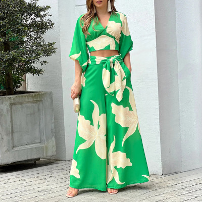 Printed V-Neck Balloon Sleeve Cropped Shirt High Waist Wide Leg Pants Two Piece Set