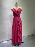 Sling V-Neck High Waist Ruffle Irregular Slit Dress