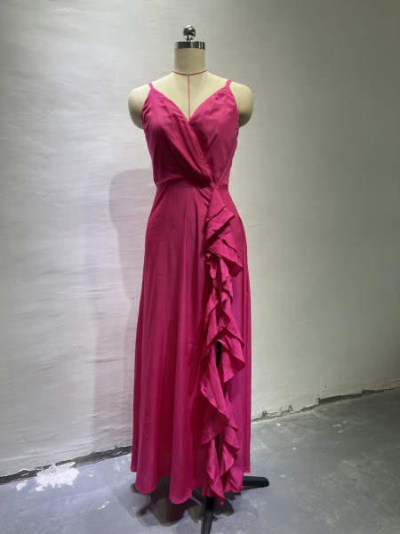 Sling V-Neck High Waist Ruffle Irregular Slit Dress