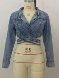 Back Waist Cutout Lapel Cropped Denim Jacket