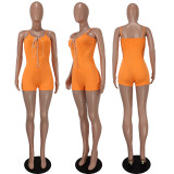 Sexy suspender straps U-neck solid color jumpsuit