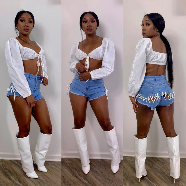 Stretch Denim Shorts Lace-Up Jeans