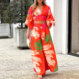 Printed V-Neck Balloon Sleeve Cropped Shirt High Waist Wide Leg Pants Two Piece Set
