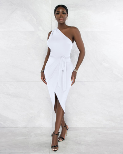 One Shoulder Sexy Irregular Hem Belted Dress