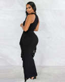 Women's Solid Color Neck Waist Fringe Tight Two-Piece Set