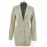 Plus Size Mid Length Suit Cardigan Tie Lapel Long Sleeves